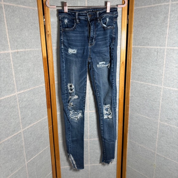 American Eagle Outfitters Denim - American Eagle Outfitters Womens High Waisted Skinny Jeans Blue Distressed Sz 2